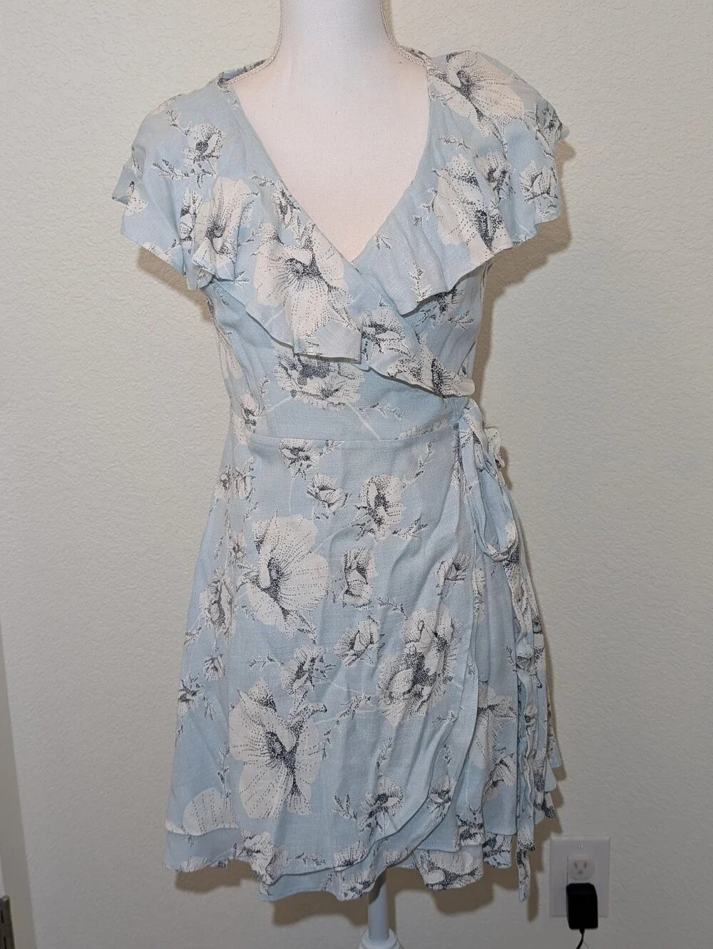 Free People Light Blue Floral French Quarter Mini Wrap Dress